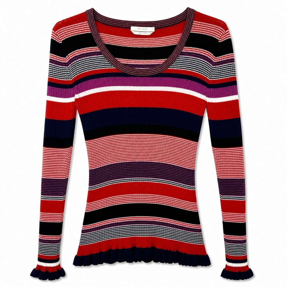 BOSS Hugo Boss Rib Knit Stripe Sweater Ruffle Hem‎ Large NWT